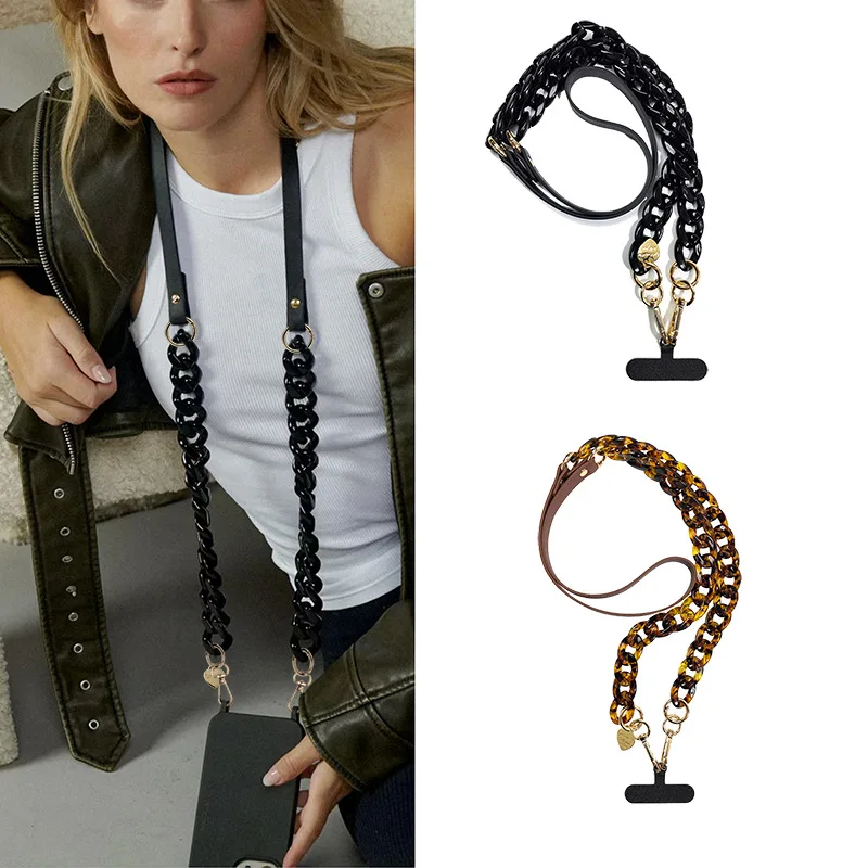 

Модная акриловая цепочка с леопардовым принтом, длинный ремешок из искусственной кожи для телефона, сумка через плечо, стильный модный аксессуар для мобильных устройств