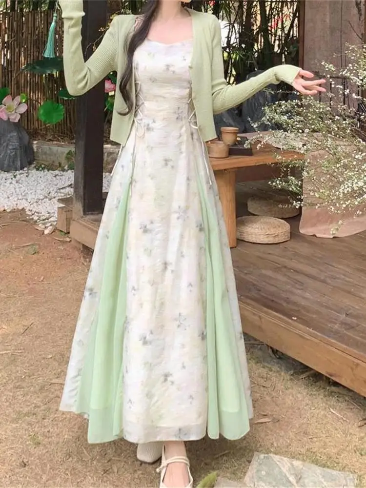 

Spring and Summer Women's High-End French Style New Chinese Style National Style Chiffon Floral Strap Dress Two-Piece Set