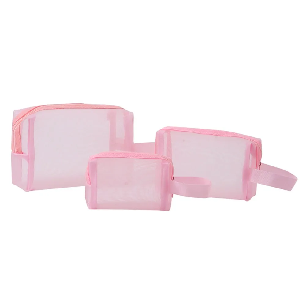 3PCS/SET Solid Color Mesh Cosmetic Bags Large Capacity Multifunctional Transparent Makeup Bags Pen Bag Organizer Case