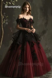 Burgundy And Black Gothic Wedding Dresses For Bride Off Shoulder Short Sleeves Appliques Beaded A-Line Customized Wedding Gown