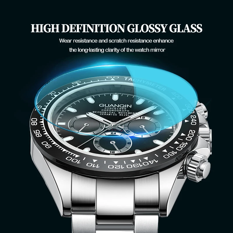 GUANQIN Brand Men New Luxury Mechanical Watches 100M Waterproof Stainless steel Luminous Watch For Men Sapphire Glass Week Clock