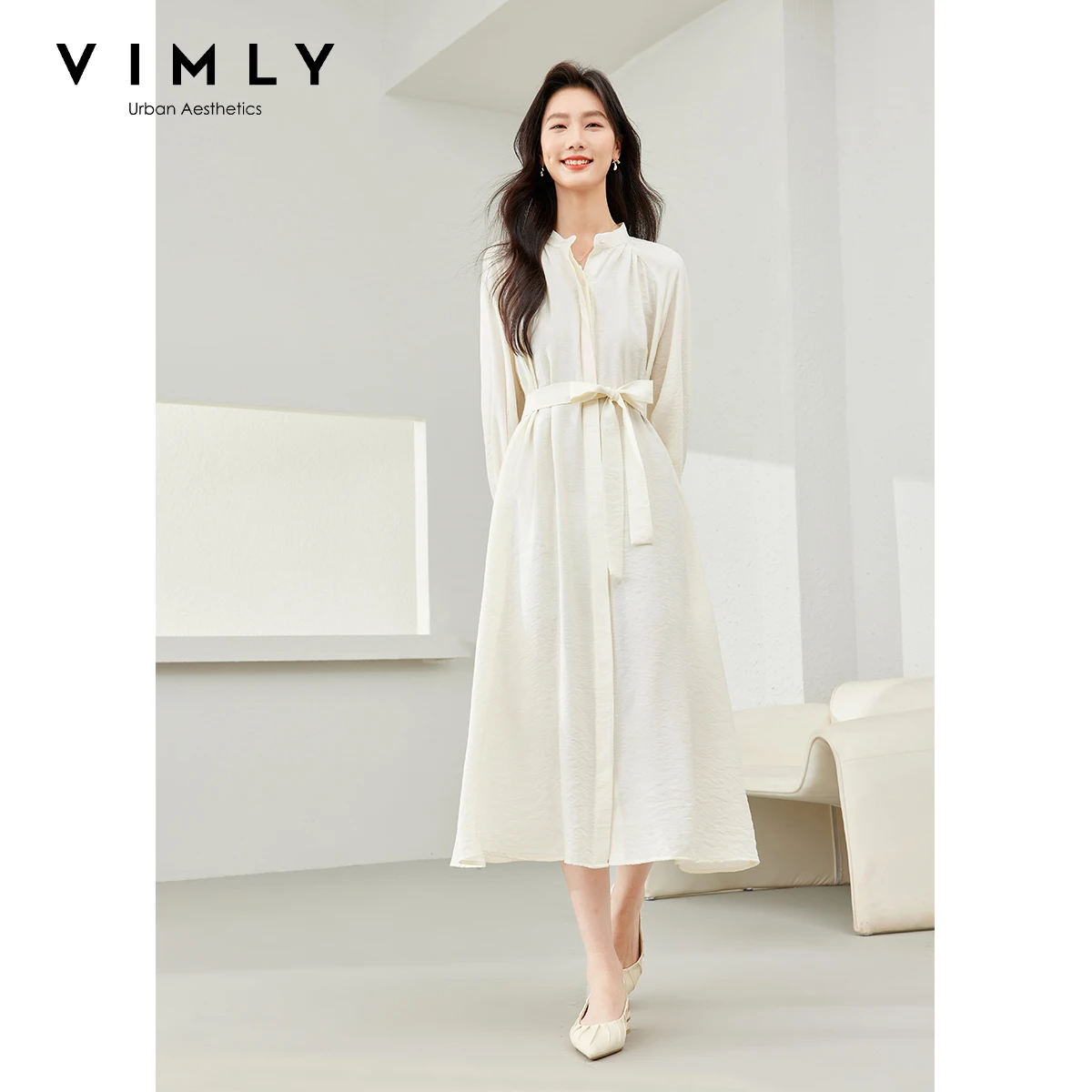 

VIMLY Women's Commuter Casual Dress 2026 Spring Vacation Elegant Tie Belt Long Sleeve Dresses with Pockets T-Shirt Dress M5296