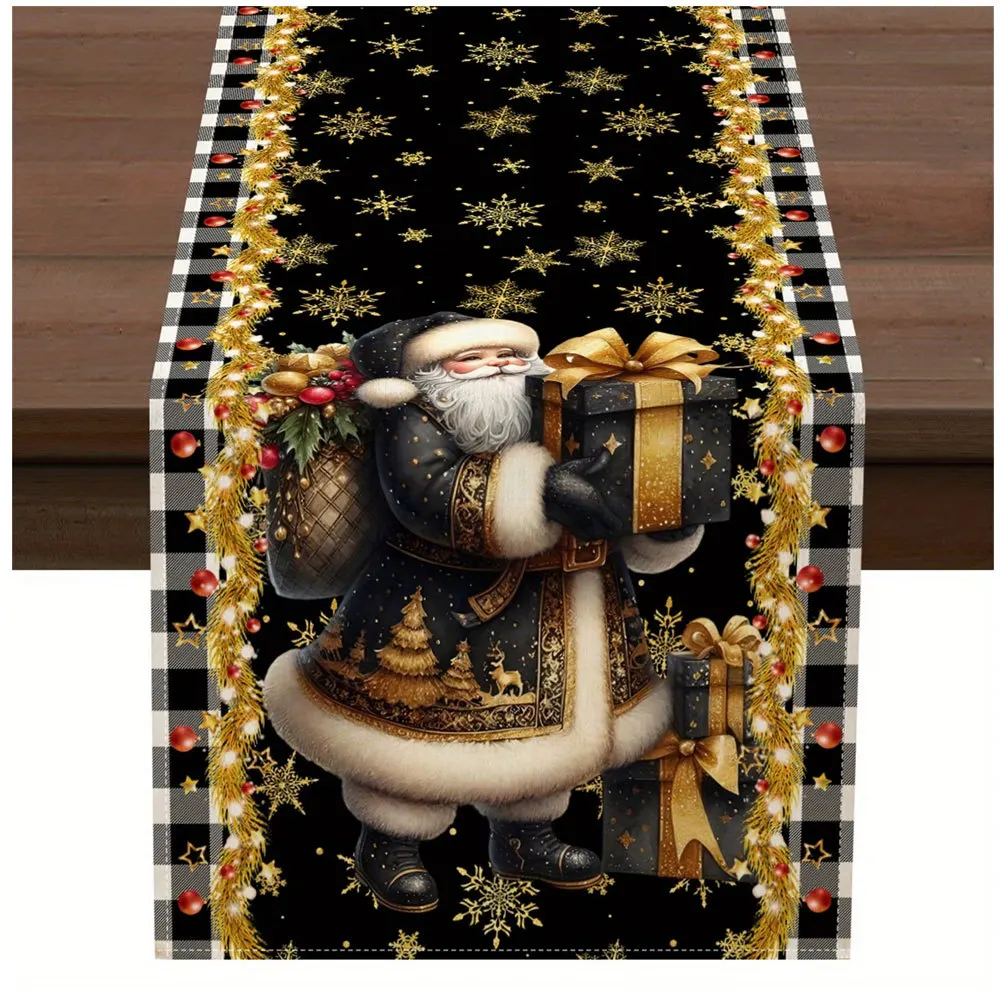 Linen Table Runner Christmas Dog Puppy in Santa Hat Off White Plaid Border  Christmas Party Table