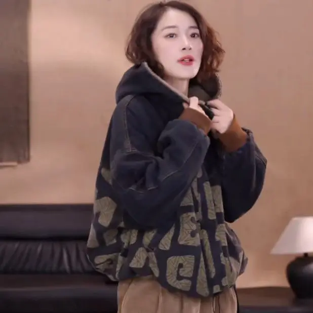 Wearing Printed Loose Denim Jacket Padded Clothes On Both Sides Women's 2026 Autumn And Winter Thickened Hooded Cotton Clothes