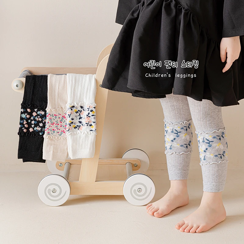 بنطال ضيق من الدانتيل القطني بكشكشة وزهرة للأطفال ، بنطال ضيق للفتيات ، بنطال ضيق بقصة رصاص ، طفل صغير ، ربيع ، خريف