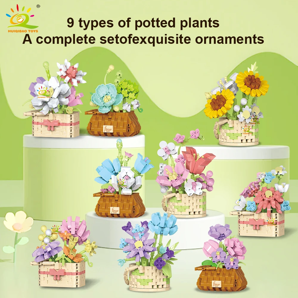 HUIQIBAO MOC Цветочный горшок Микро Строительный блок DIY Роза Подсолнух Букет Мини Алмазная модель Кирпичная игрушка для детского декора стола.