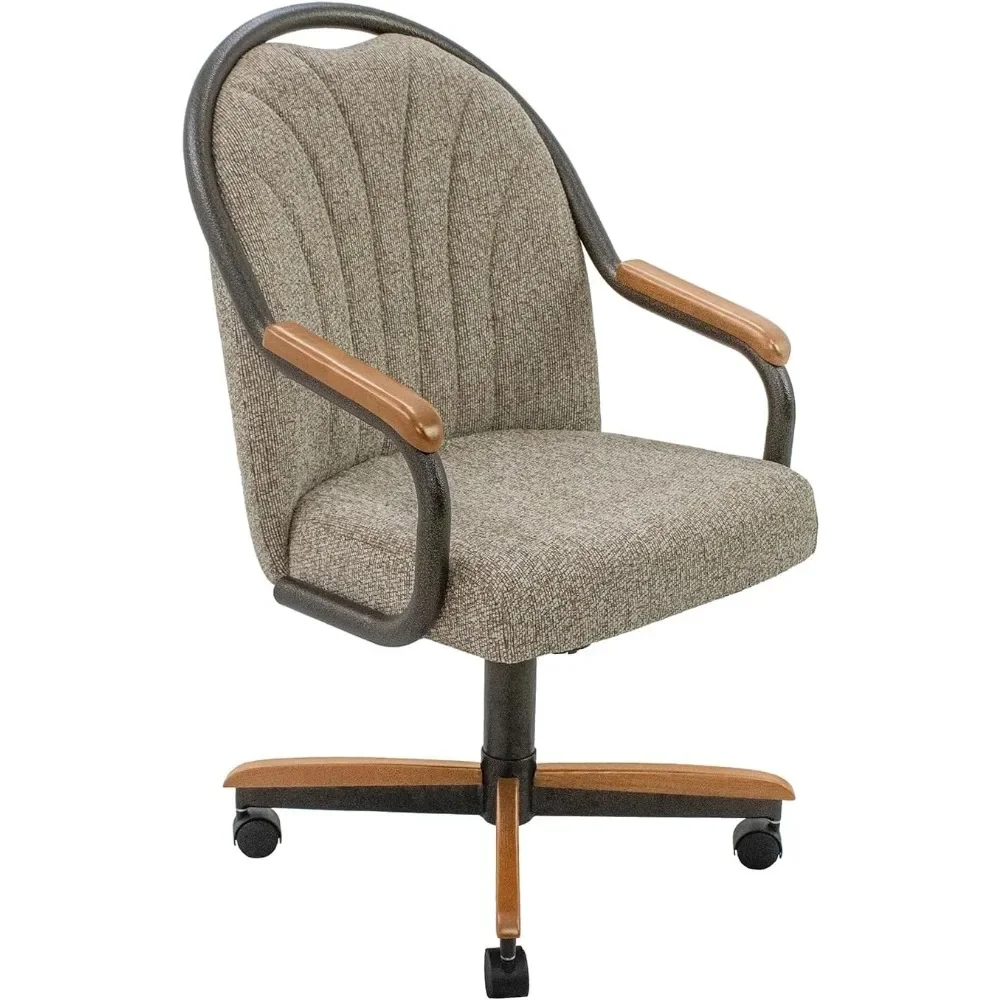 Повседневный обеденный стул. Классический обеденный стул с поворотным наклоном и роликами, деревянные подлокотники. Обеденный стул на металлическом основании с роликами.