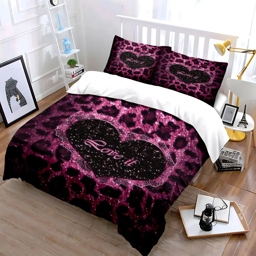 Hot Pink Glitter Leopard Heart Lace Duvet Cover Set, Love It Girly Bedding Includes 1 Duvet Cover And 2 Pillowcase,gift