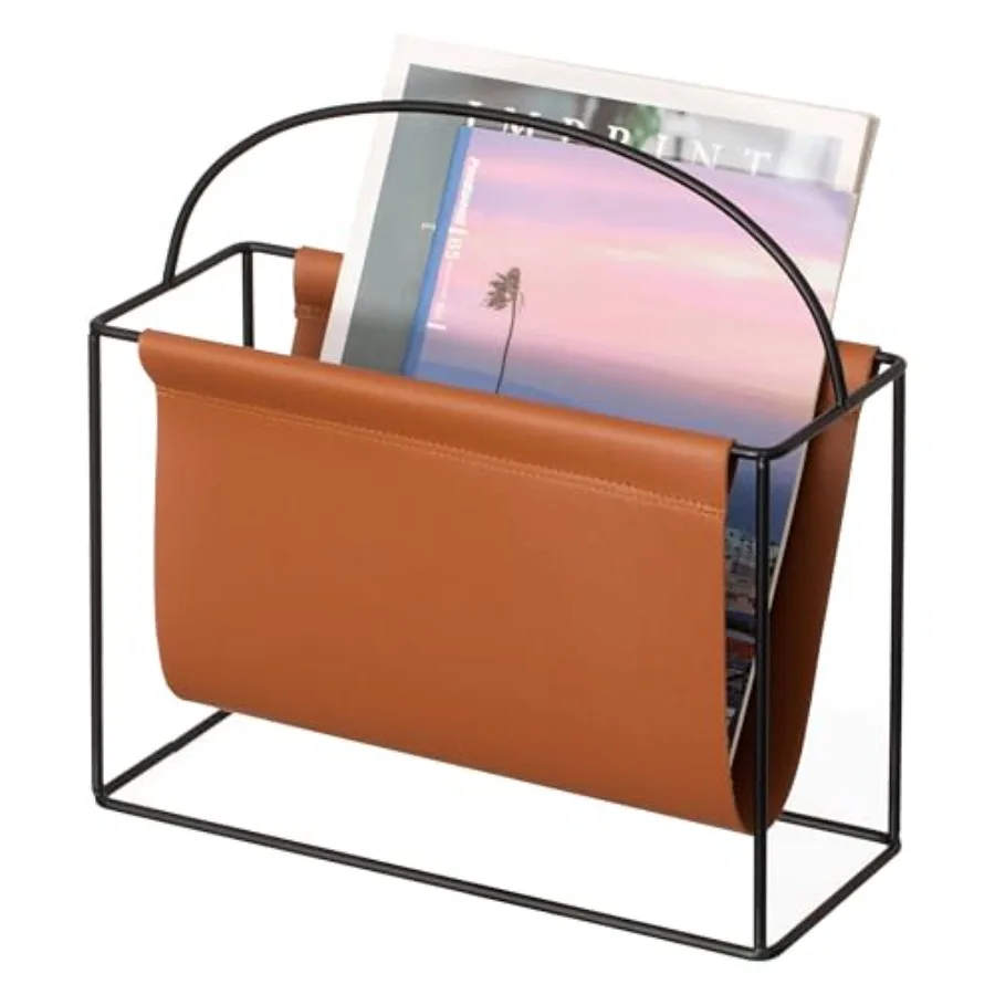 

Fabulaxe Arch Gold-Tone Metal Magazine Rack with Brown Faux Leather Sling Freestanding Organizer for Magazines Newspapers and F