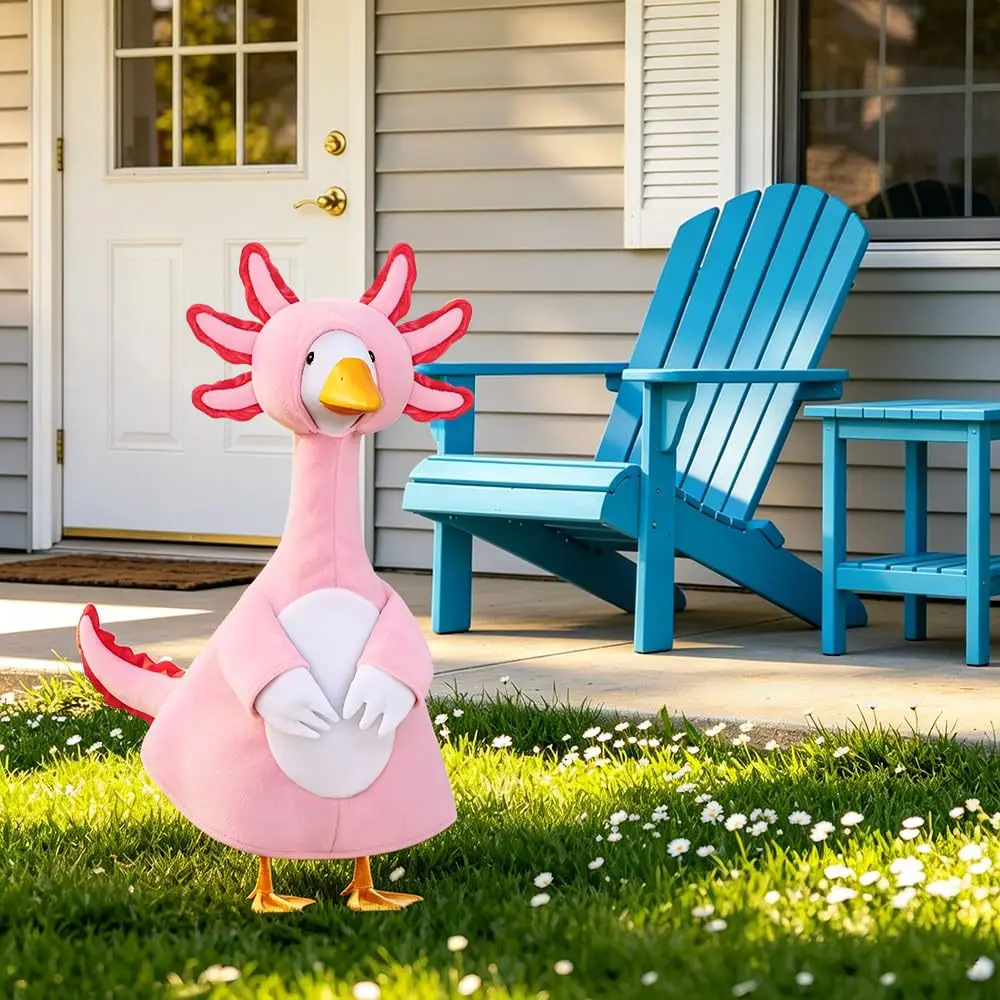 Pink goose-shaped decoration suitable for lawn or porch display; ideal for holiday party decor (goose not included).