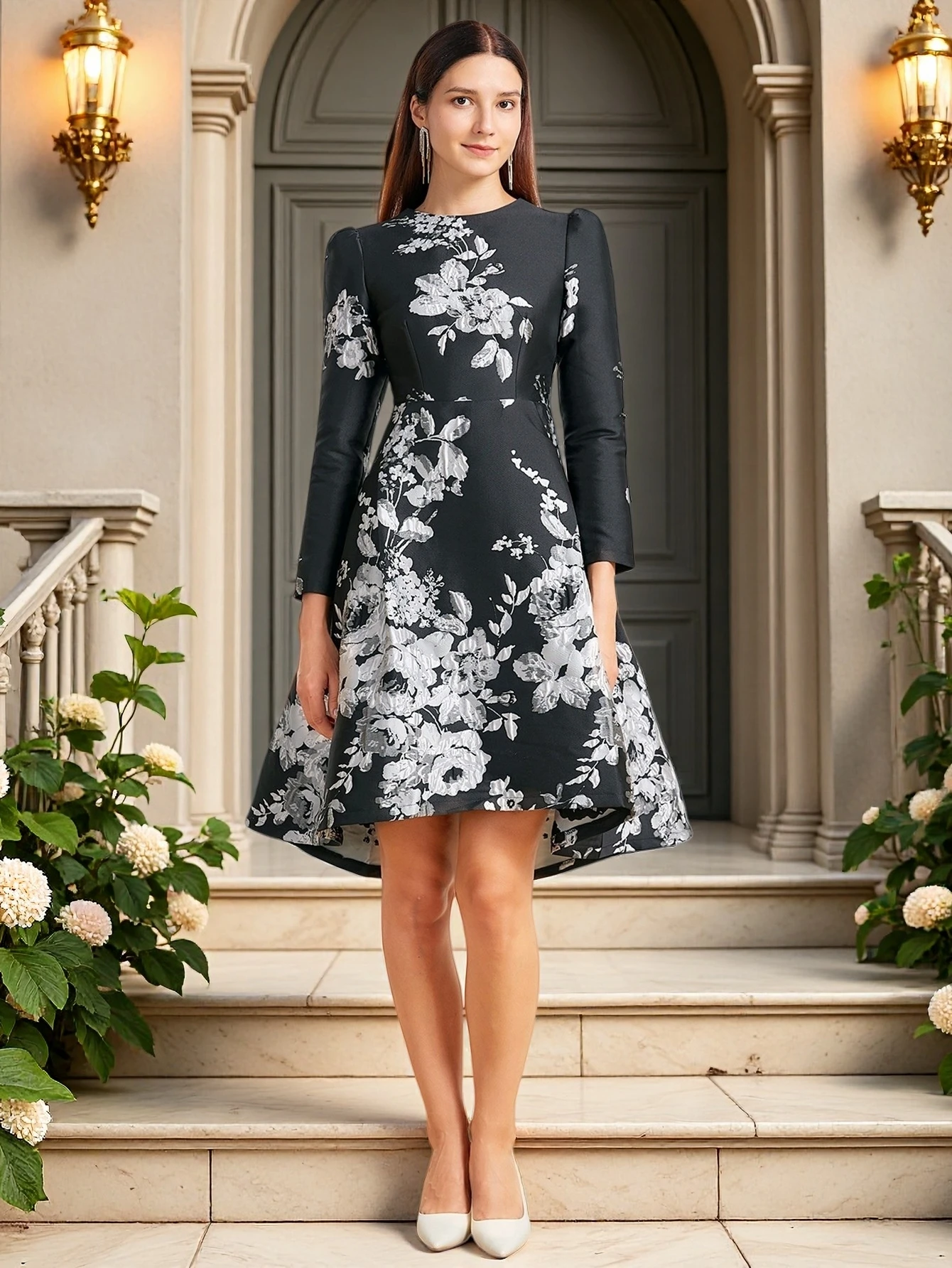 

DEVCHATA Luxury Women Jacquard Dress New Long Sleeve Party Dress O-neck Flower Dress Elegant Work Casual Luxury Ladies Clothing