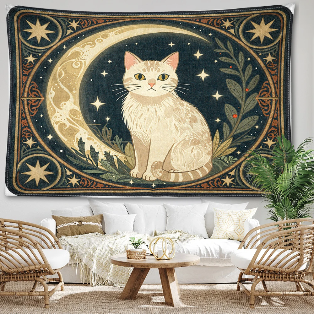 Deep Blue Crescent Cat Starburst Botanical Printed Tapestry Wall Hanging Bohemian Style Bedroom Home Decor