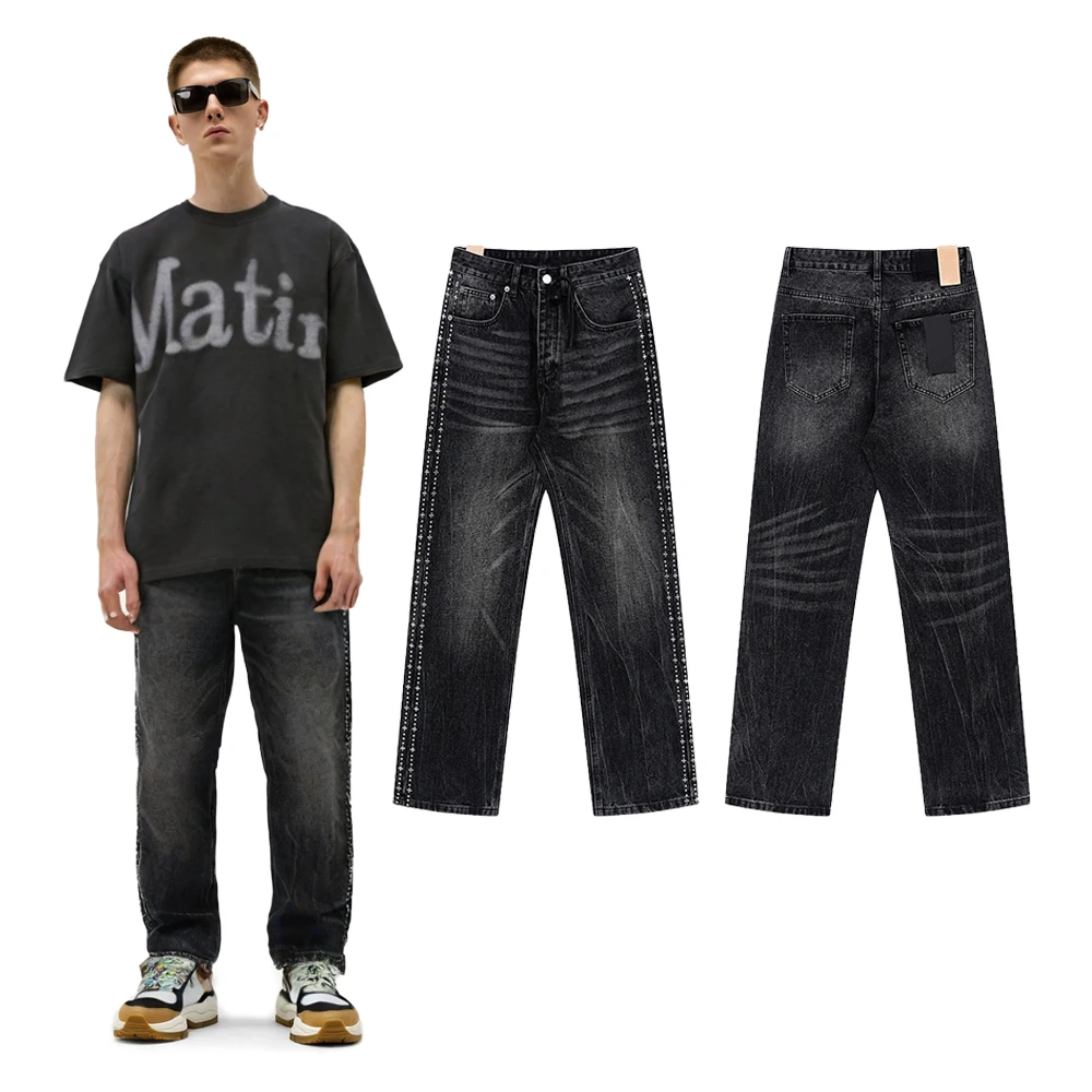 

Y2k Streetwear Clothing Loose Jeans with Rhinestones Hiphop Street Style Cotton Casual Retro Vintage Straight Trousers for Men's