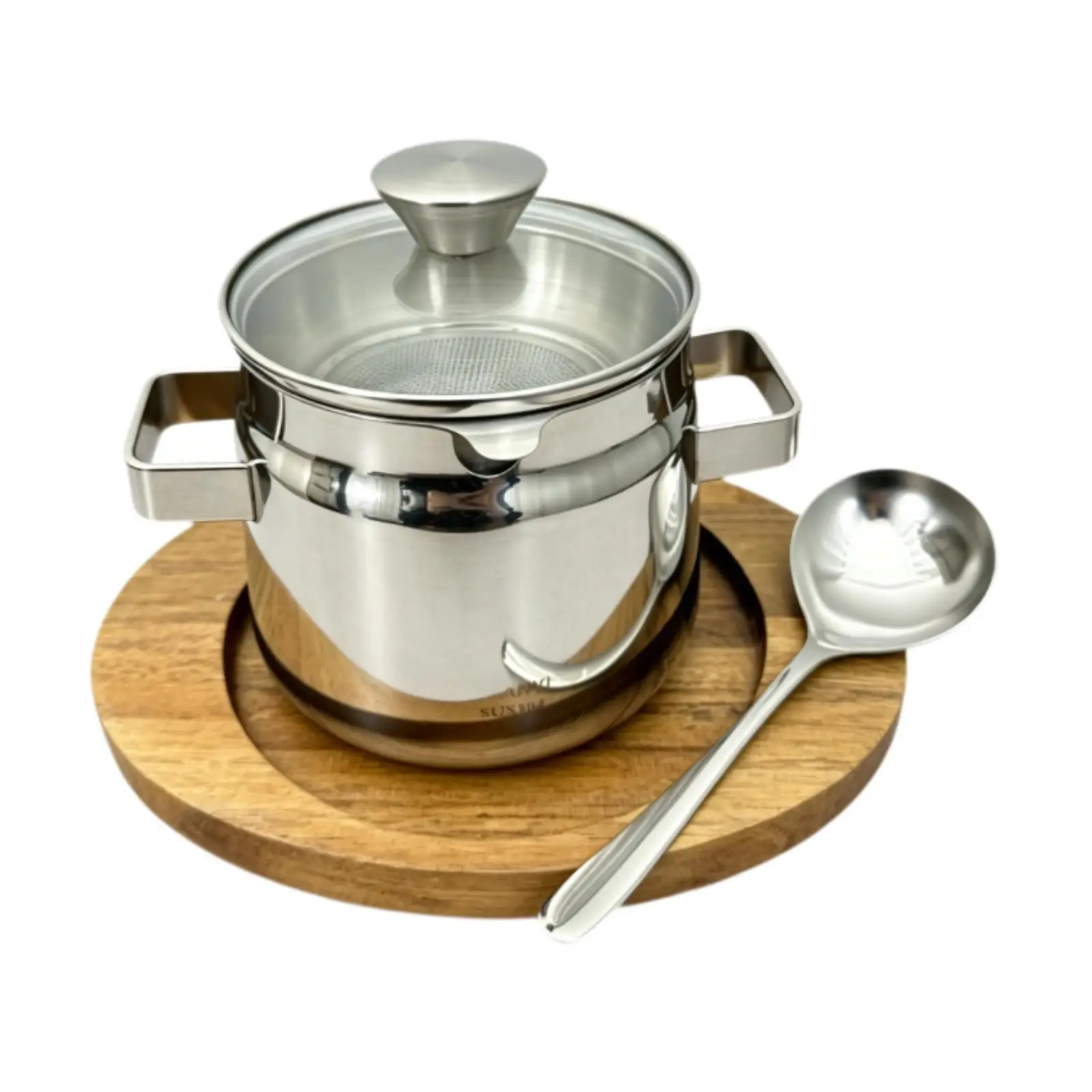 Durable 304 Steel Oil Filter Pot with Glass Lid and Spoon for Storing Used Cooking Oil After Frying