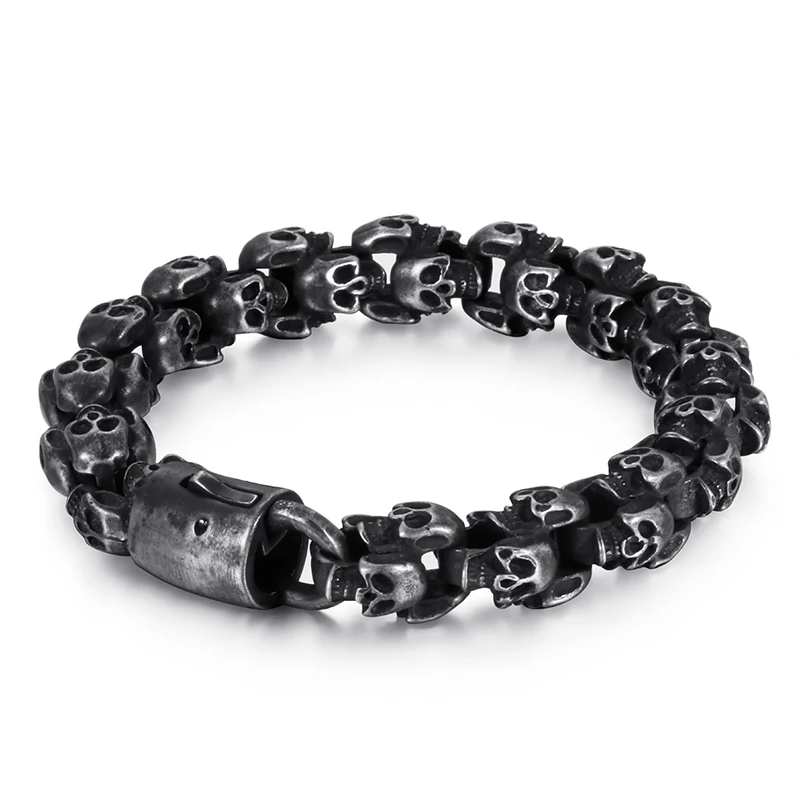 12mm Punk Retro Black Skull Bracelet Men Women Hiphop Gold Color Stainless Steel Bike Biker Skull  Chain Bangle Gothic Jewelry