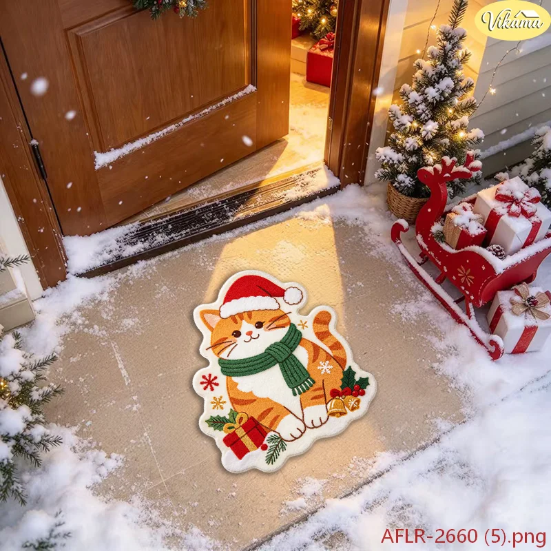 VIKAMA Christmas Cat Rug Cute Tabby With Reindeer Antlers Soft Area Carpet For Entryway Bedroom Non Slip Home Decor
