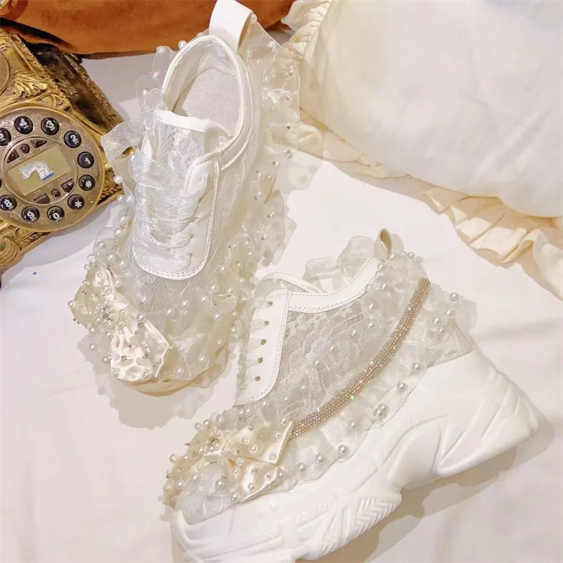 

Стиль Лолиты, увеличенная высота и толстая подошва, дышащие кроссовки, летние туфли на шнуровке с сеткой, белые сказочные туфли