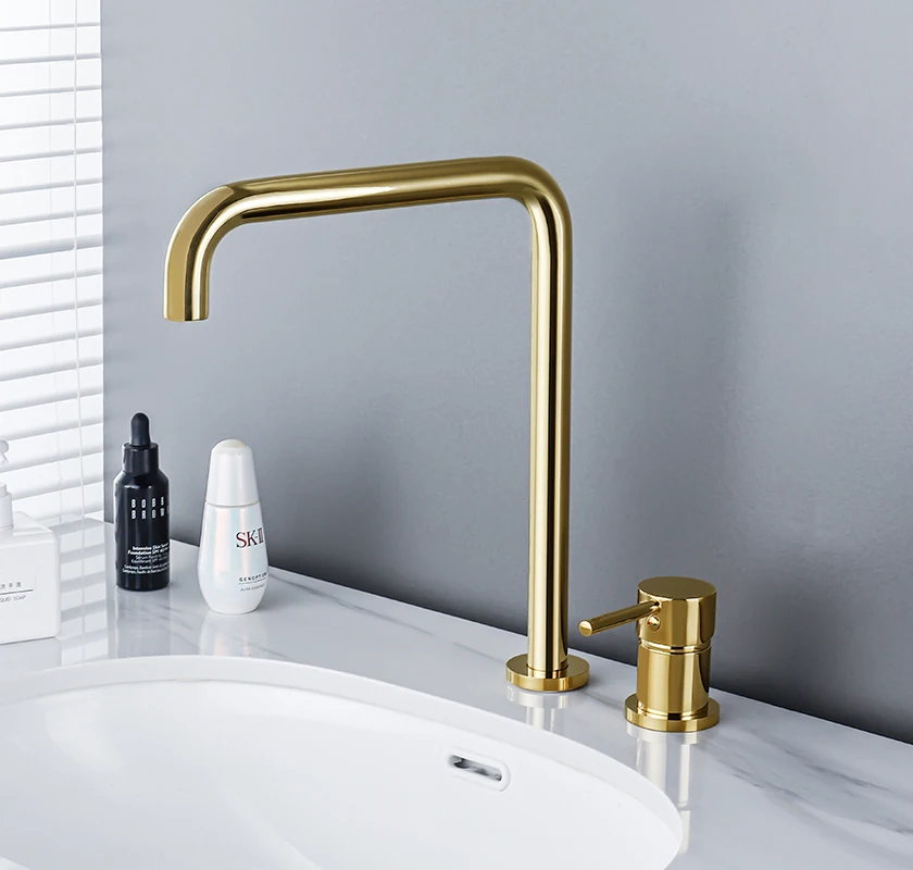 Light luxury gold two-piece double-hole basin faucet All-copper split two-hole hot and cold washbasin basin basin faucet