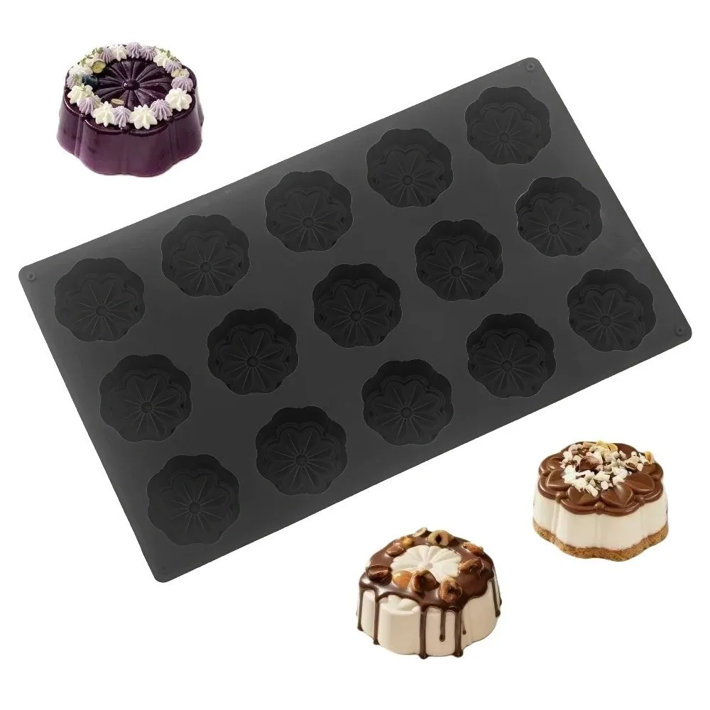 15-Cell Flower Design Chocolate Mold 3D Simulated Heat Resistant Mousse Cake Mould Reusable Food Grade Silicone
