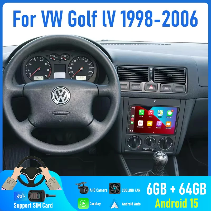 

7'' For VW Golf lV 1998-2006 Car Radio 4G SIM Rear Camera Android 15 Auto Head Unit Bluetooth Google Map GPS Carplay Stereo FM