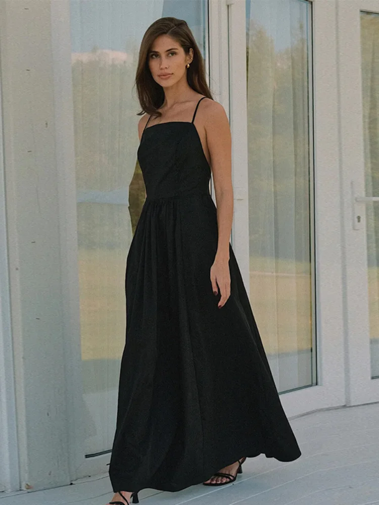 

Women Elegant Solid Sling Long Dress Casual Sleeveless Backless Lace Up High Waist Loose Maxi Vestido 2025 New Summer Lady Robes