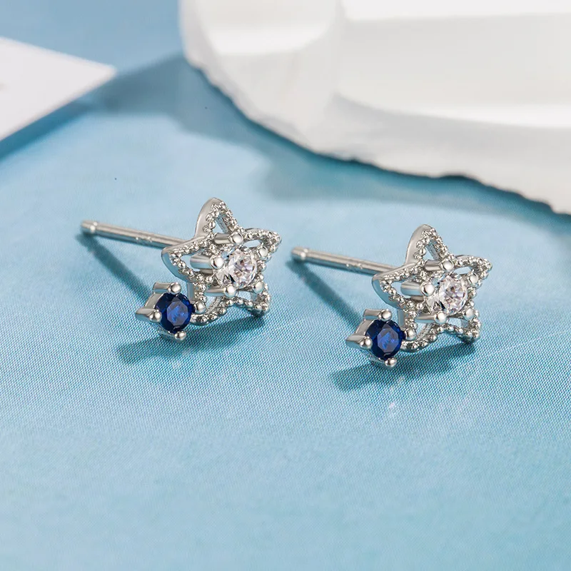 Sterling Silver Color Blue Zircon Star Ear-Sticks Women's Earrings Fashion Jewelry 2096