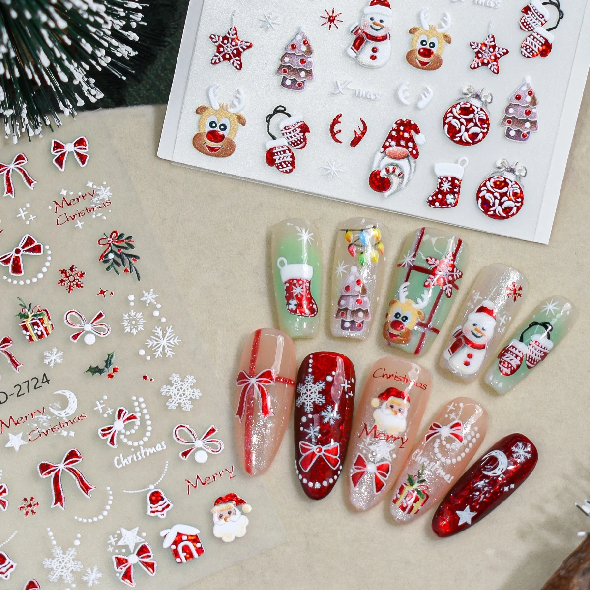 3 bis 15 Blatt 5D Weihnachts-Nagelsticker mit Motiven von Weihnachtsmann, Schneemann, Rentier, Baum, Schneeflocke, Schleife und Zuckerstange, selbstklebend – Detail 7