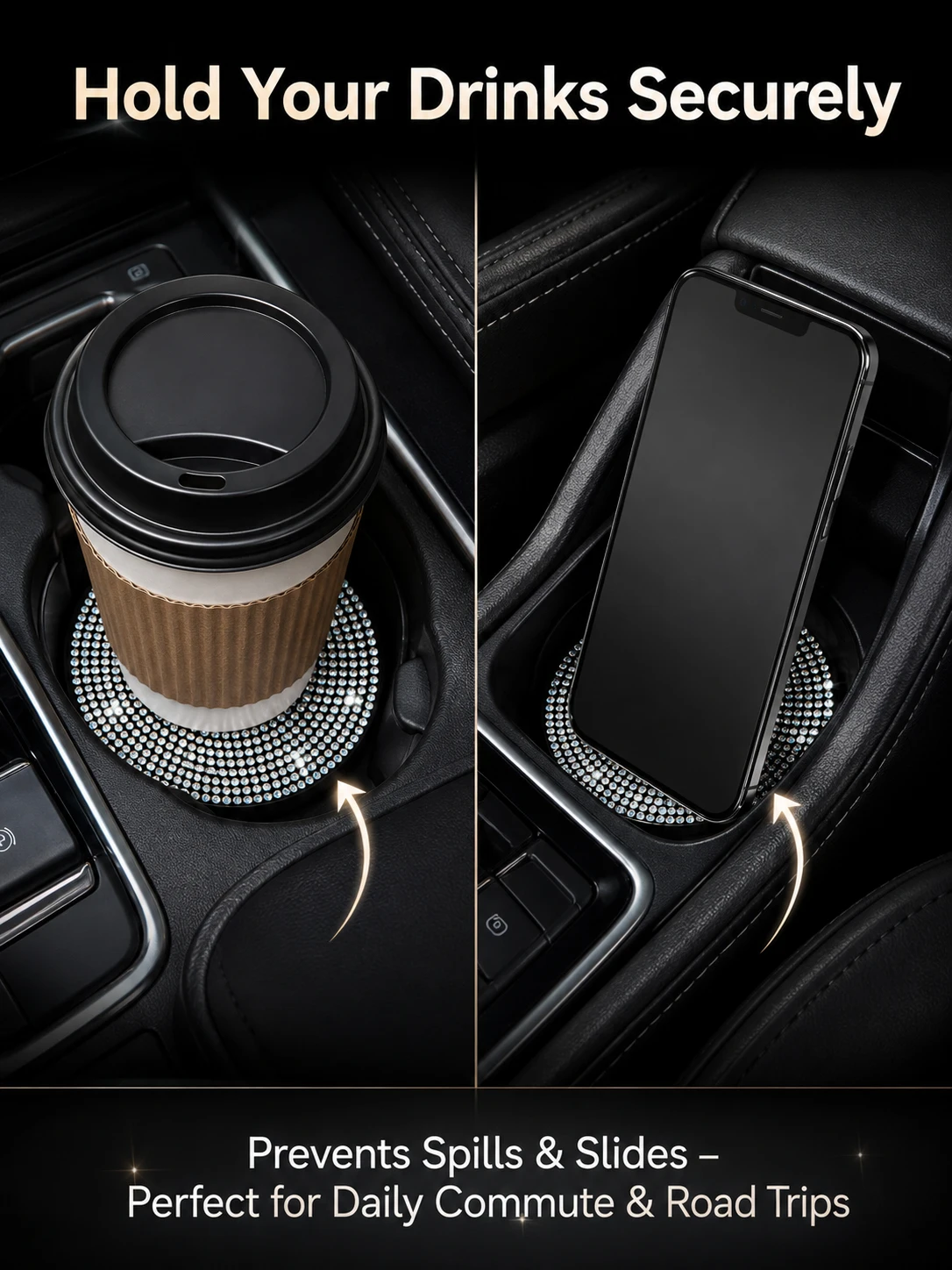2PCS Bling Rhinestone Car Cup Holder Coasters Anti-Slip Mats Sparkly Interior Decor Universal Auto Cup Pads for Women