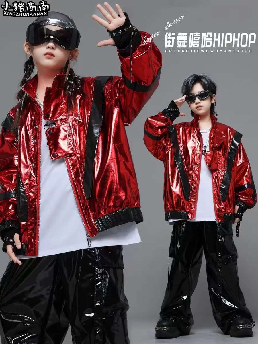 2026 new K-pop Contrast Shiny Leather Jacket Street Dance Cargo Pants Hip Hop Streetwear Jazz Costume Set