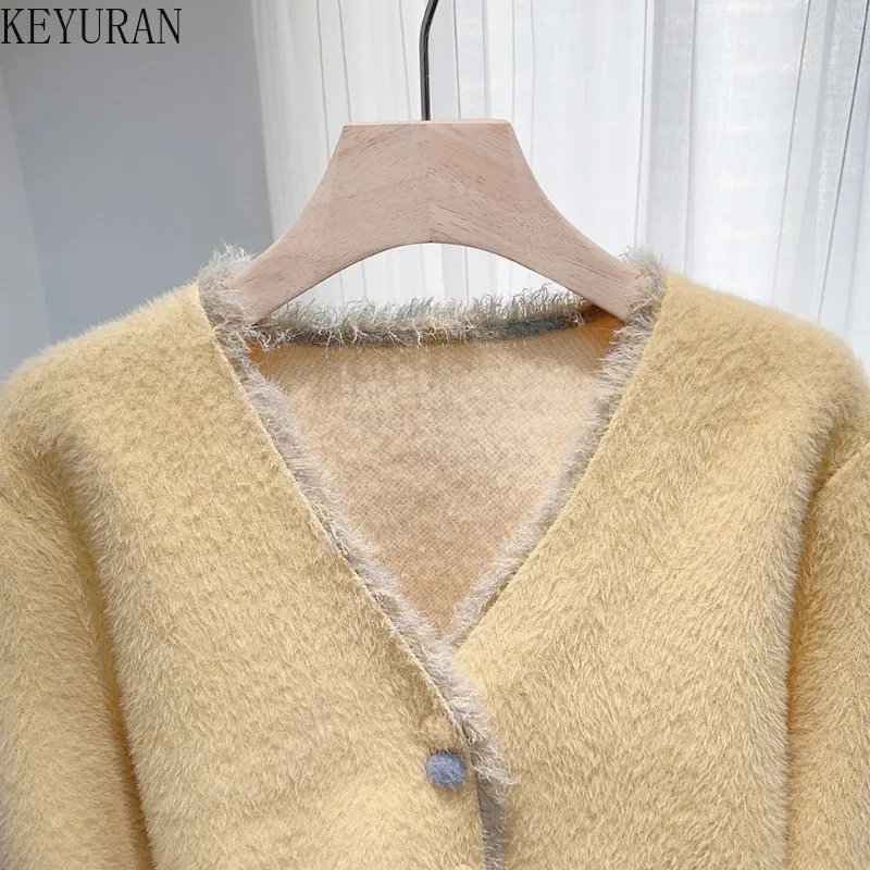 黄色のルーズセータージャケット女性のための秋冬韓国 V ネック長袖ミンクファーニットカーディガンコートアウタートップス