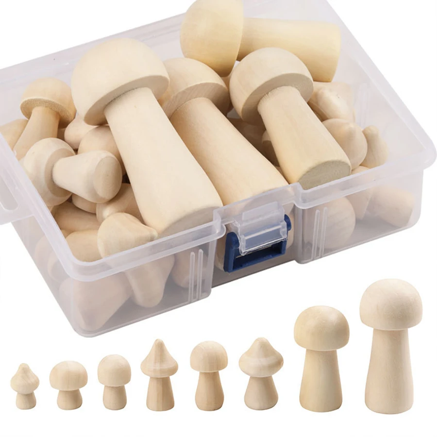 34 Pieces Unfinished Wooden Mushrooms 8 Different Sizes Unpainted Wood Mushrooms Figures for Arts and Crafts