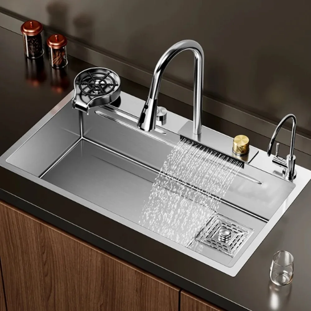 Modern Silvery Nanometer 304 Stainless Steel Waterfall Kitchen Sink 3MM Thickness Large Single Slot Above Mount Waterfall Faucet