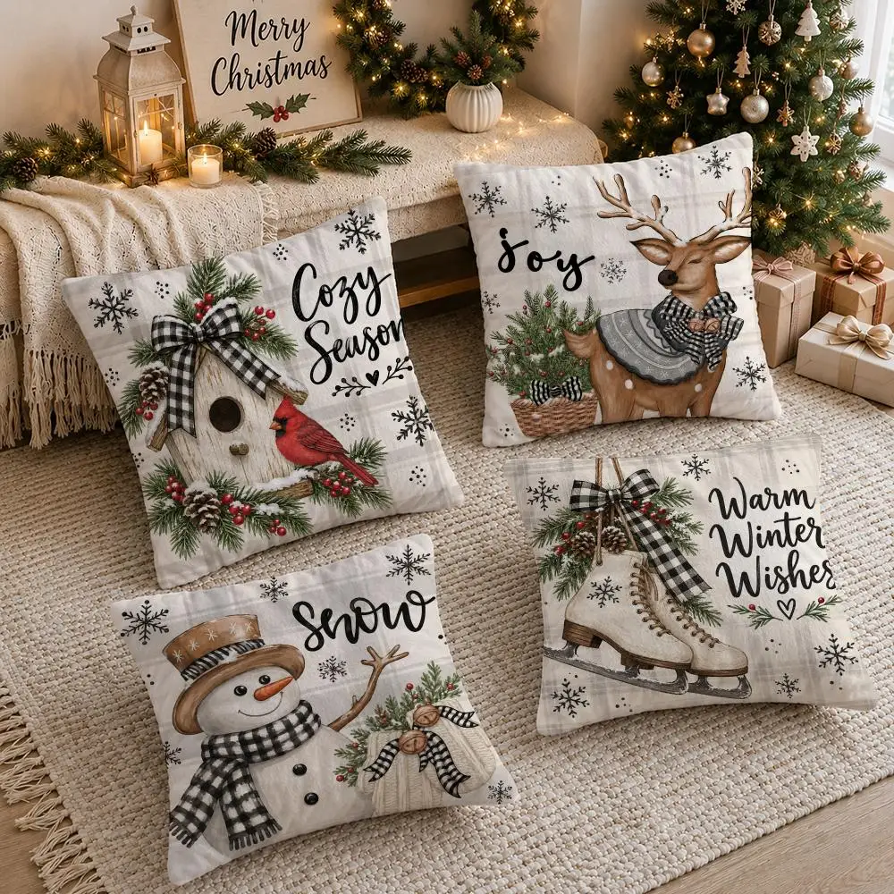 4PC Merry Christmas Snowman Cushion Cover Soft Plush Double-Sided Print Pillow Case Home Decor for Sofa Living Room Gift