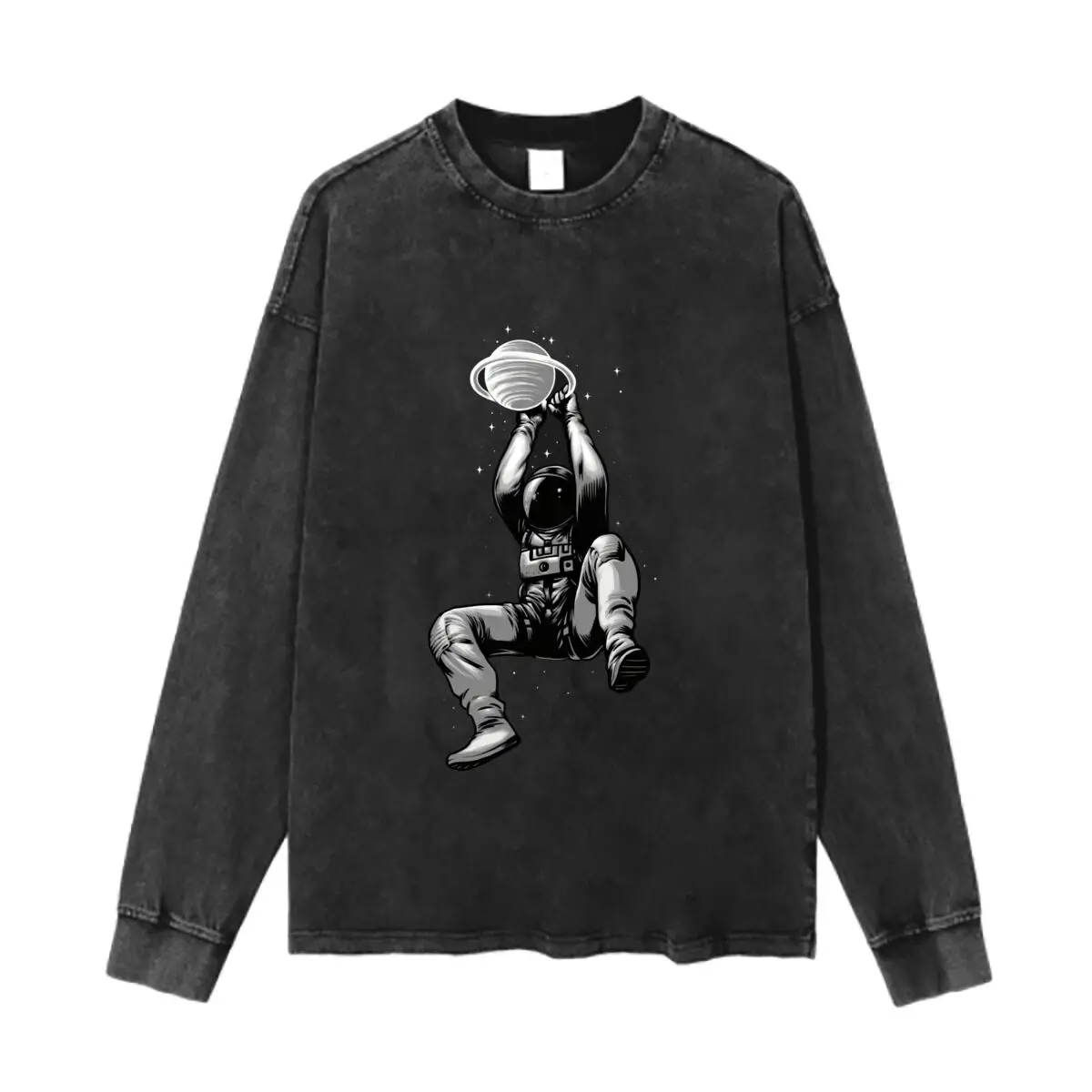 Astronaut Lifting Saturn Art Design Washed Vintage Long Sleeves Cotton Tee Shirt Solid O Collared For Men's And Women's