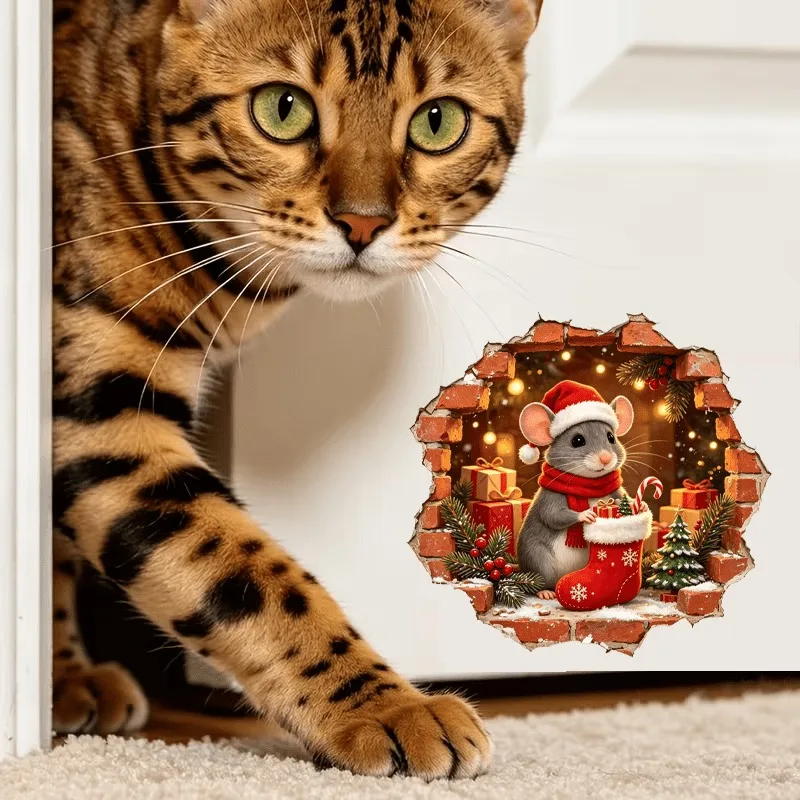 VIKAMA Cat Watching Santa Mouse Stocking Wall Sticker Brick Wall Xmas Self-Adhesive Decor for Living Room Bedroom Dorm