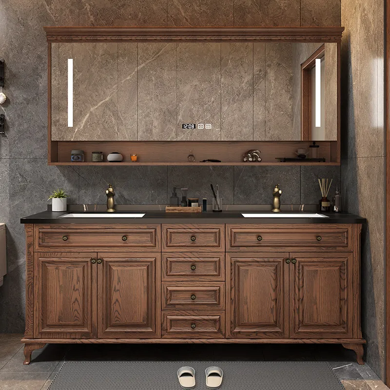 

American red oak rock slab bathroom cabinet combination bathroom solid wood floor-to-ceiling smart wash basin double basin