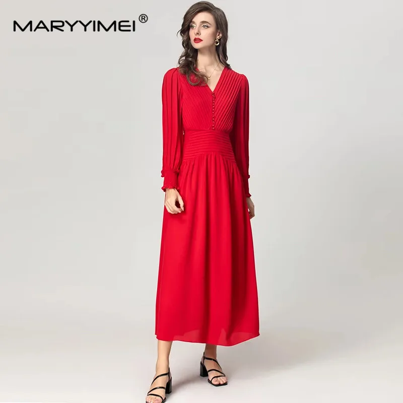 MARYYIMEI Women's Elegant Streetwear Dress V-Neck Lantern Sleeved Beading Autumn and Winter New style Red Dresses