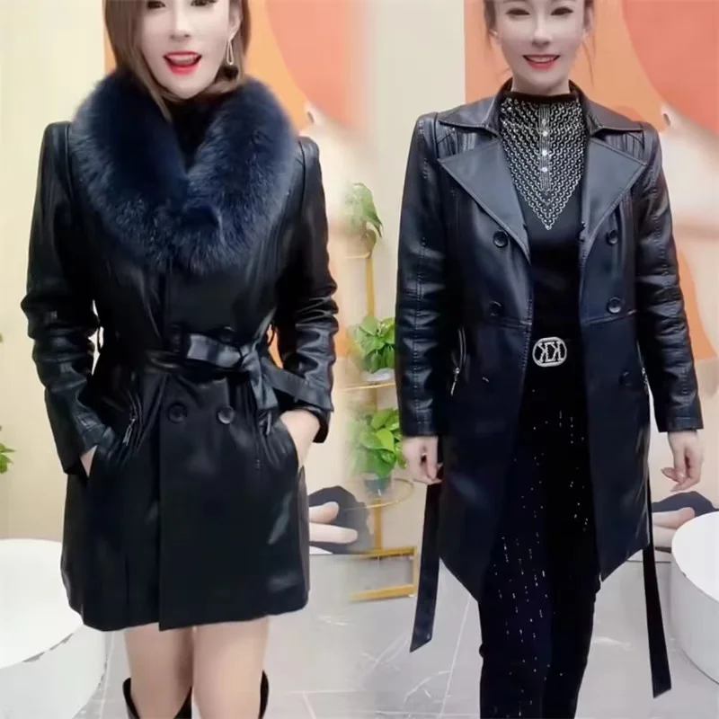 Fashion Plus velvet PU Leather Top Lady Big Fur Collar Faux Leather Outwear Winter Female Large Size 6XL Faux Leather Jacket