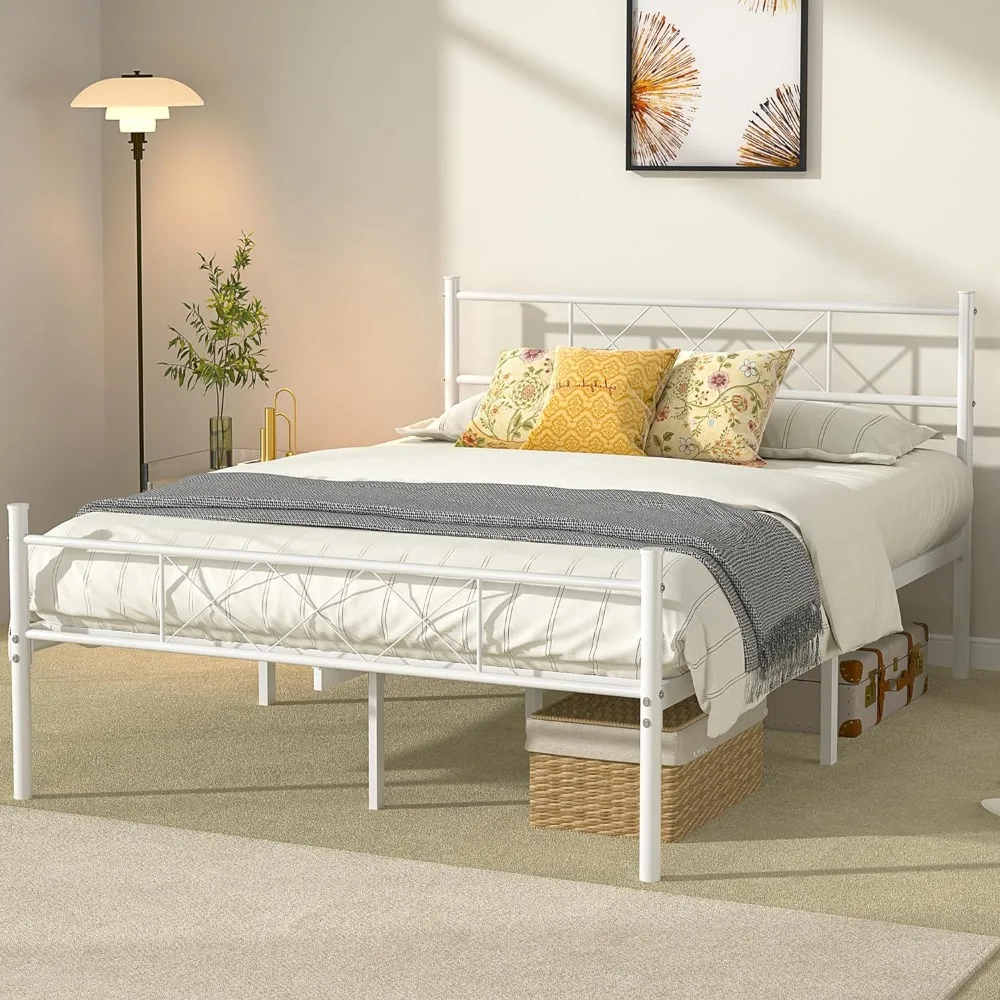 Full Size Bedframe Met Hoofdeinde, Zwaar Platform Met Sterke Metalen Latten, Geen Boxspring Nodig, Eenvoudige Montage, Puur Wit