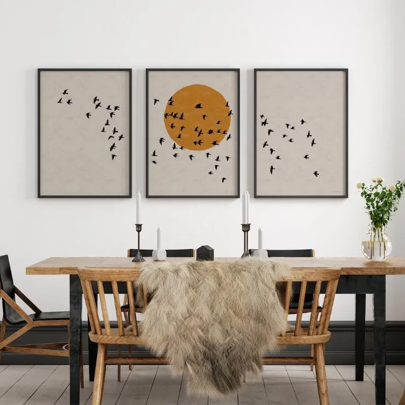 Japan Abstract Minimalist Flock of Birds Sunrise Poster Japandi Zen Concrete Gray Canvas Painting Wall Art for Room Home Decor