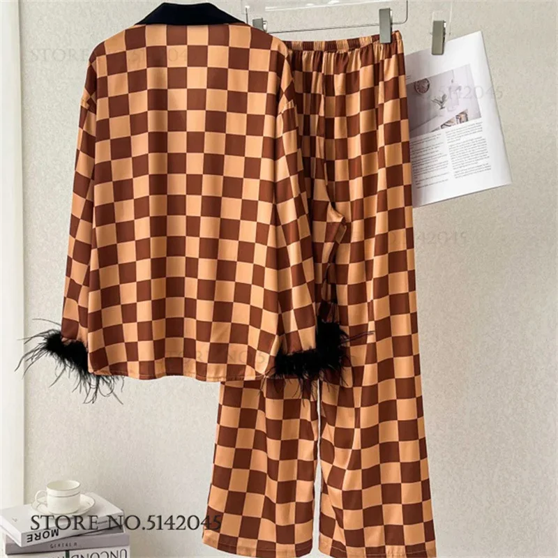 

Print Plaid Feather Long Sleeve Pajamas Set Loungewear Spring Autumn Womens Sleepwear Trouser Pijamas Suit Loose Satin Homewear