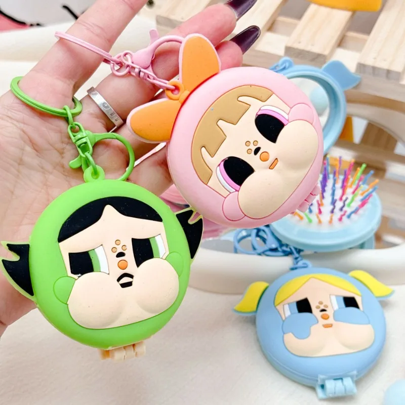 New Cartoon Powerpuff Girl Makeup Mirror Ins Kawaii Keychain Portable Makeup Comb Multifunctional Backpack Pendant Jewelry Gifts