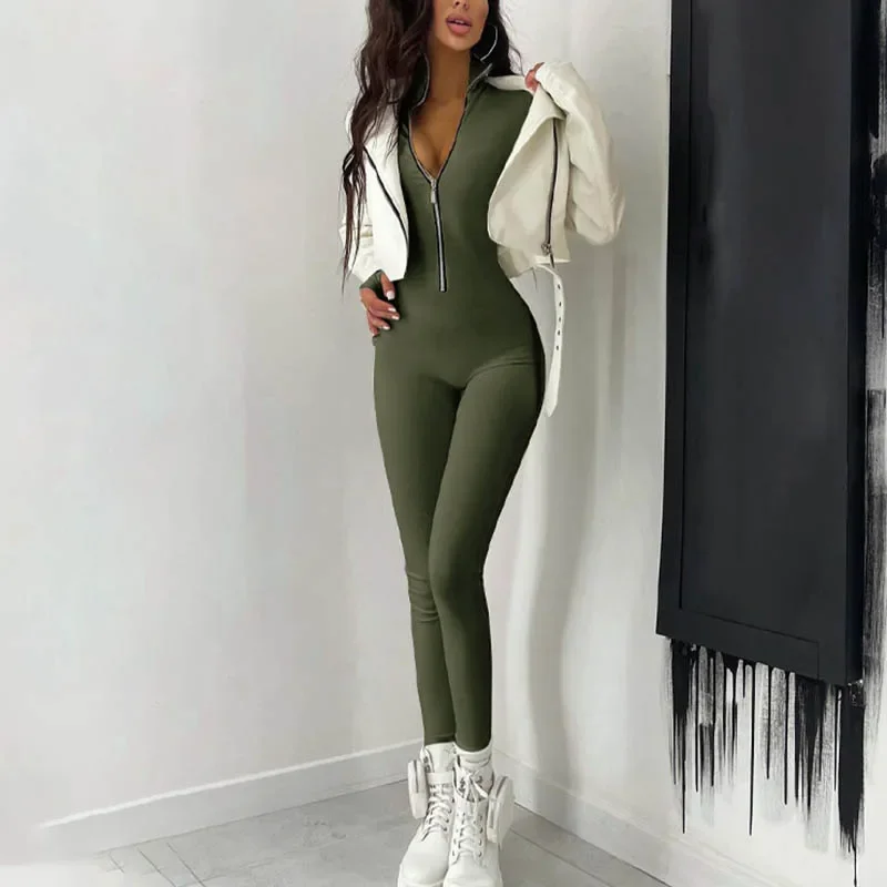 

Black Autumn Jumpsuits for Women Sexy Tight 2024 One Piece Bodycon Rompers Zipper V-neck Overalls Fit Lady Jumper Clubwear