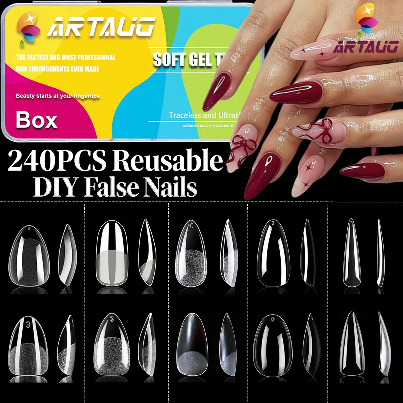 

240pcs Natural Semi Matte Combination Or Fully Transparent Combination Acrylic Pointed Fake Nails Suitable For Salon Professiona