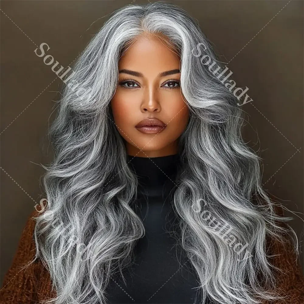 

Soul Lady Attractive Salt And Pepper Wig Silver/Black Highlights Body Wave 5x5 HD Lace Closure Wigs Human Hair Real Brazilian