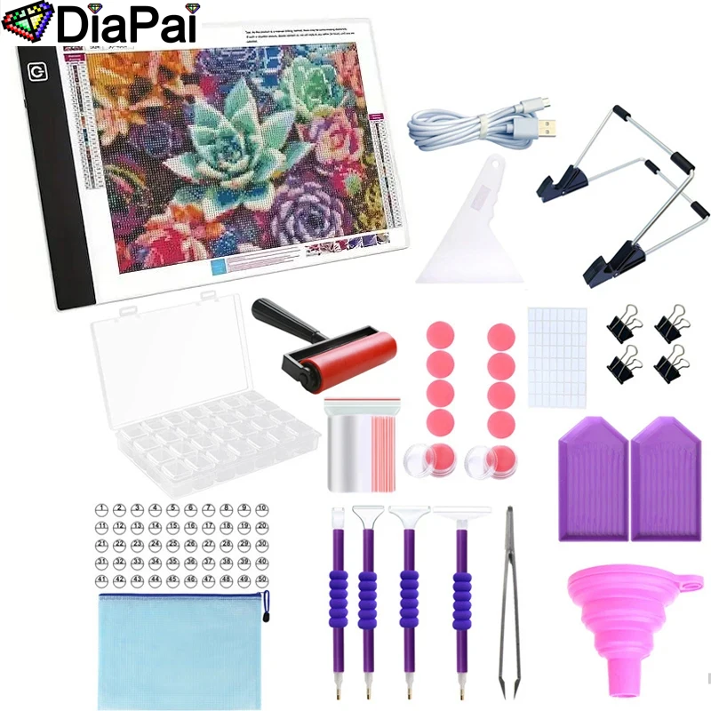 DIAPAI Deluxe 5D Diamond Painting Kit - LED Light Pad, 28-Grid Embroidery Box, Roller, and Essential Accessories for Adults