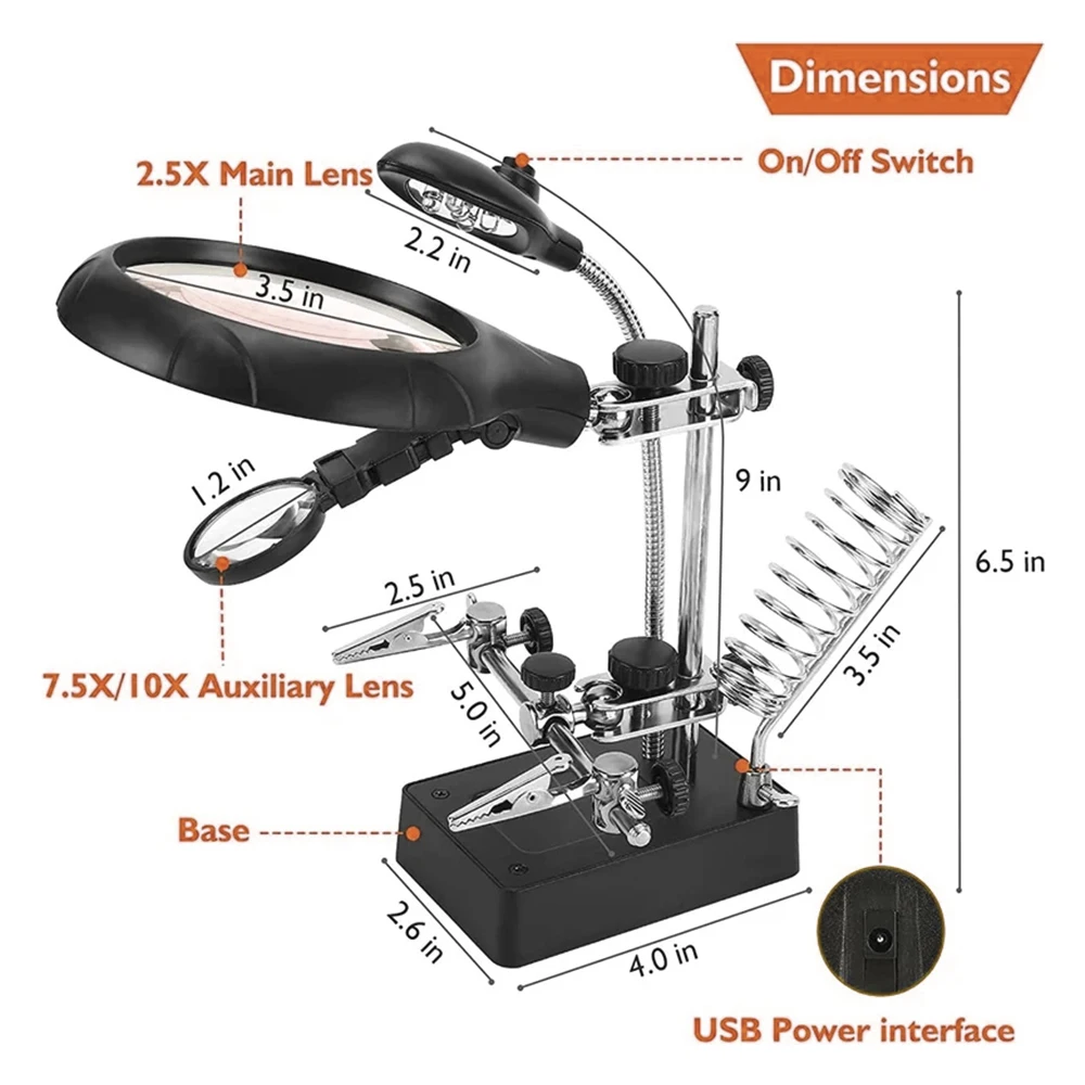 KATWAY  Hand Soldering Iron Holder Stand Station, 3In1 LED Light Magnifying Glass Welding Loupe Auxiliary Clip Magnifier HH-AA82