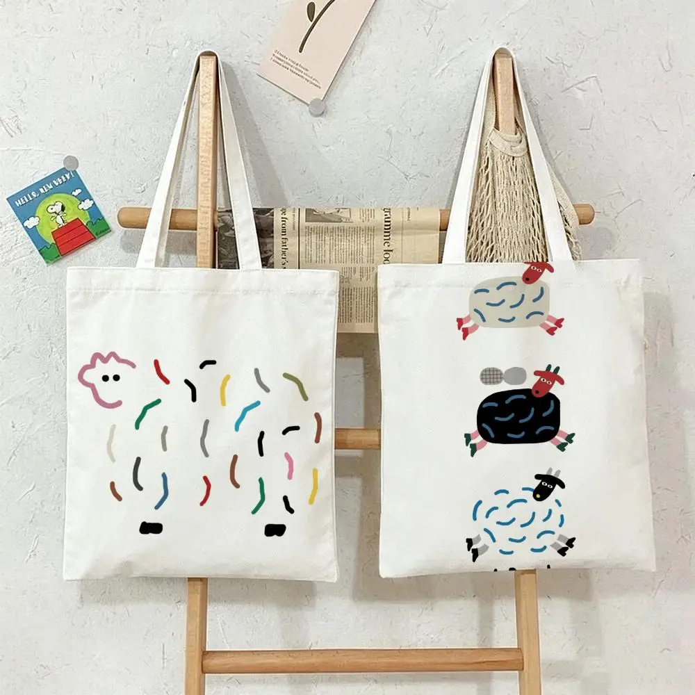 Minimalist Sheep And Lines Graphic Storage Bags  Shopper Bags Handbags Canvas Shoulder Bags Woman Shopping Bags High Capacity