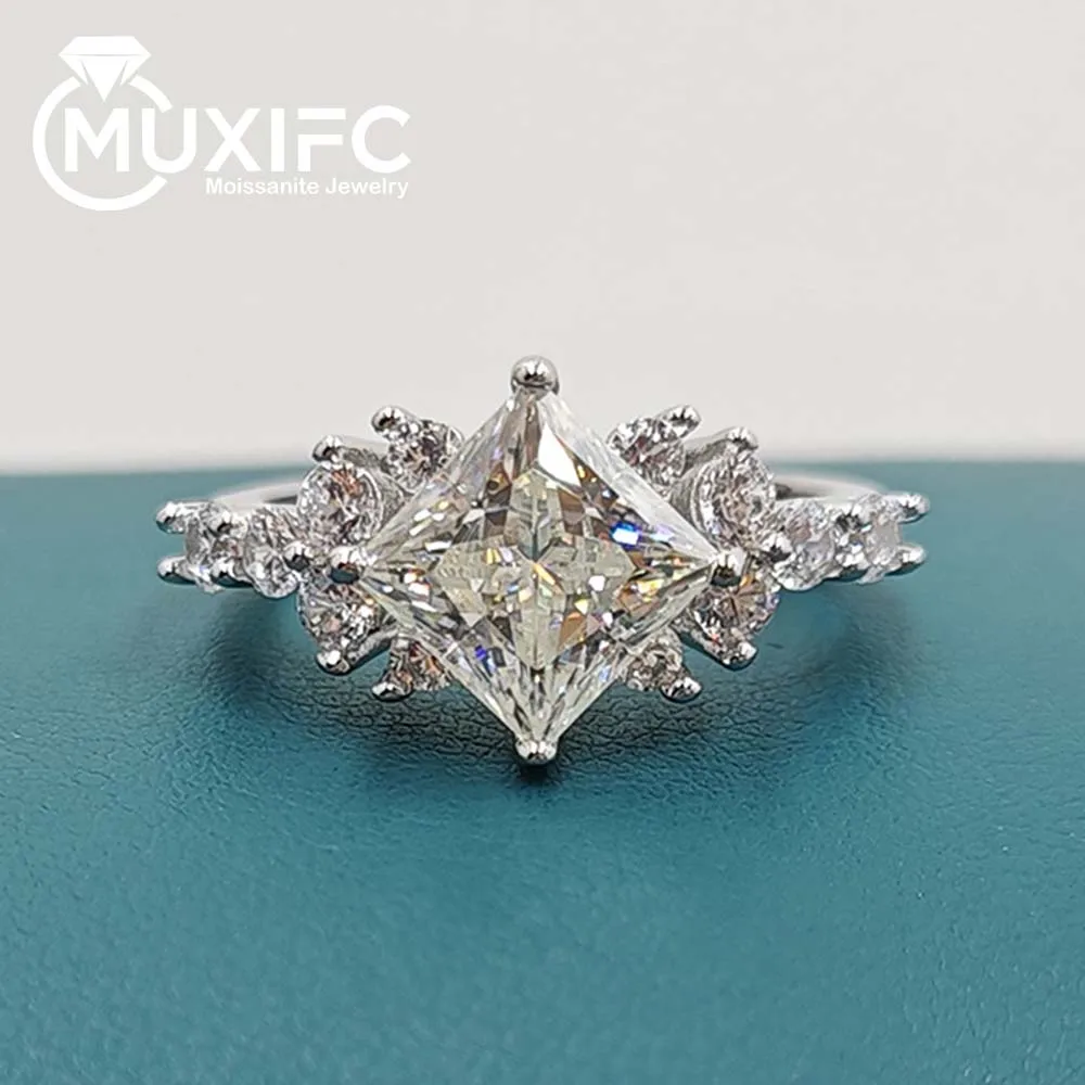 MUXIFC Princess Cut Moissanite Rings for Women 925 Sterling Silver Plated 18K Gold Wedding Band GRA Certified Fine Jewelry Gifts