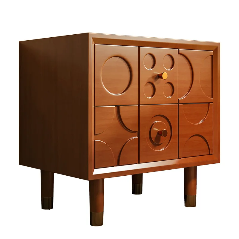 Designer Mid-century Modern Bedside Table, Simple and Modern Artistic Low Cabinet, Retro Solid Wood Carved Bedside Cabinet